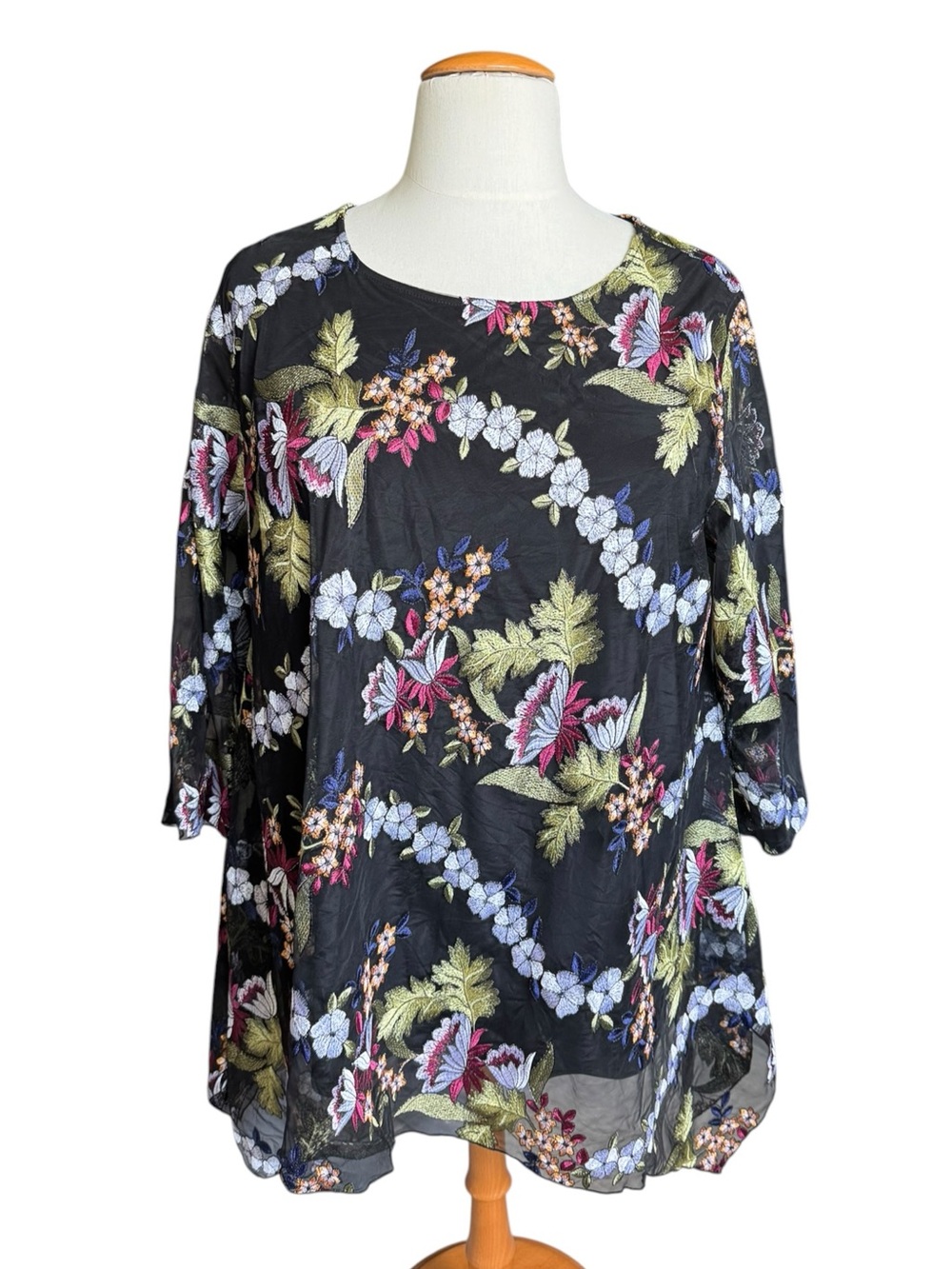 Caroline Rose 2X Black Embroidered Floral Mesh Tunic Top Sheer Boho
